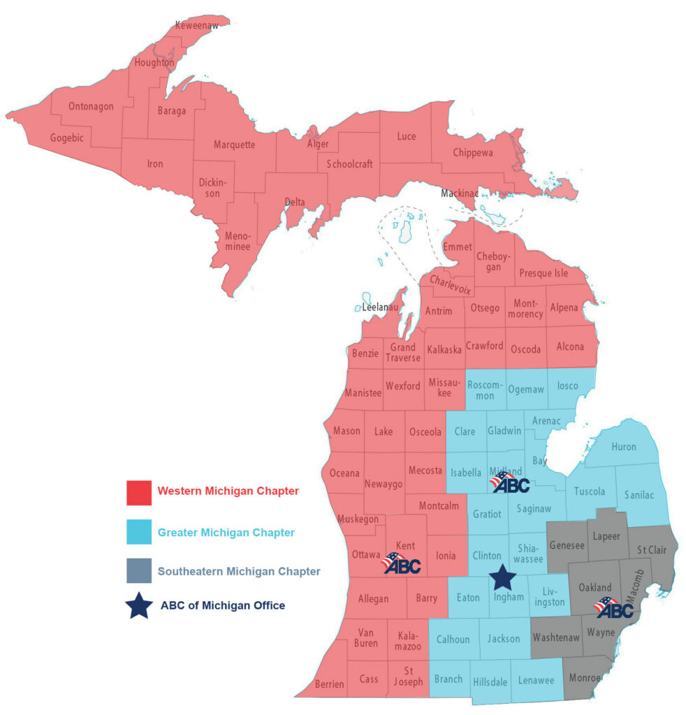 A map of Michigan depicts which regions are covered by each ABC chapter. ABC West Michigan covers the western side of the state and all of the UP.